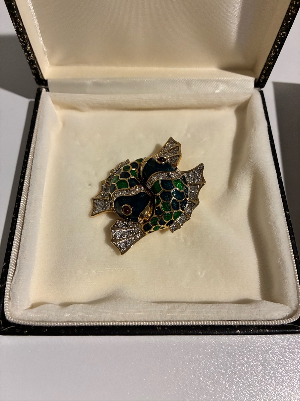 Vintage Judith Leiber Gold-Tone Green Enamel Fish Brooch with Crystal Accents